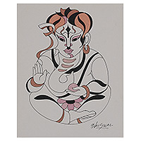 „Ganesha“ – signiertes hinduistisches Ganesha-Gemälde aus Acryl und Aquarell
