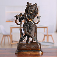 Brass sculpture, 'Melodic Krishna' - Traditional Folk Art Antiqued Brass Krishna Sculpture