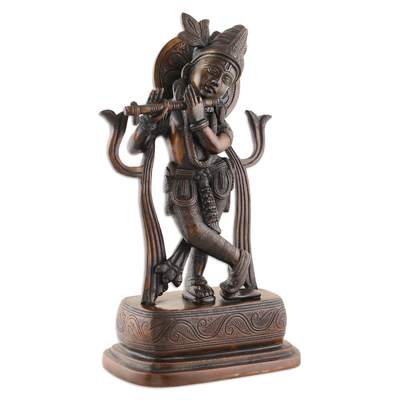 Brass sculpture, 'Melodic Krishna' - Traditional Folk Art Antiqued Brass Krishna Sculpture
