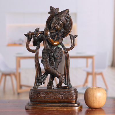 Escultura de latón - Escultura de krishna de latón envejecido de arte popular tradicional