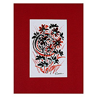 'Floral Fantasy I' - Pintura impresionista floral en acuarela negra y roja