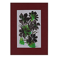'Classic Bouquet' - Pintura impresionista de flores en acuarela negra y verde