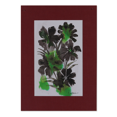 'Classic Bouquet' - Pintura impresionista de flores de acuarela en negro y verde