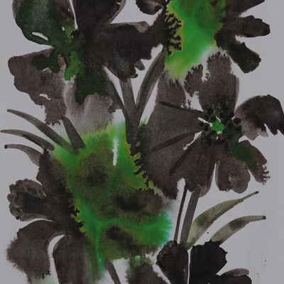„Klassischer Blumenstrauß“ – impressionistisches Aquarell-Blumengemälde in Schwarz und Grün