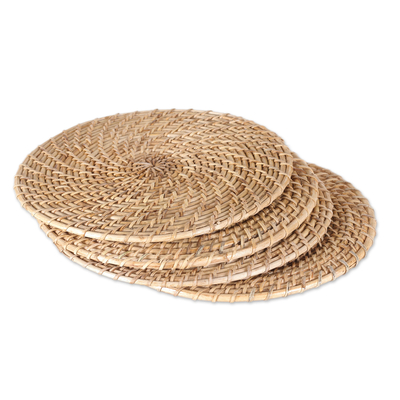 Natural fiber placemats, 'Natural Flair' (set of 4) - Set of Four Handwoven Round Natural Cane Fiber Placemats