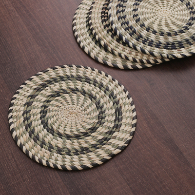 Natural fiber placemats, 'Sylvan Mandalas' (set of 4) - Set of 4 Handwoven Green and Beige Natural Fiber Placemats