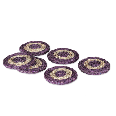 Natural fiber coasters, 'Wine Aura' (set of 6) - Set of Six Handwoven Round Purple Natural Fiber Coasters