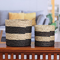 Natural fiber baskets, 'Striped Essence' (set of 2) - Set of 2 Striped Black and Beige Natural Fiber Baskets