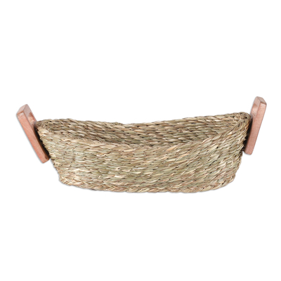 Natural fiber basket, 'Forest Essentials' - Handwoven Natural Sabai Grass Fiber Basket with Wood Handles