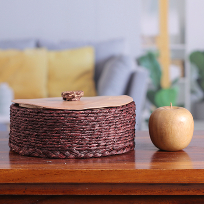 Natural fiber basket, 'Palatial Nature' - Handwoven Round Burgundy Natural Sabai Grass Fibers Basket