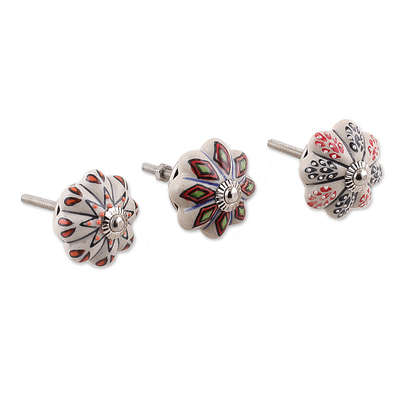 Ceramic knobs, 'Palatial Spring' (set of 9) - Set of Nine Floral Colorful Ceramic Knobs from India