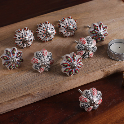 Ceramic knobs, 'Palatial Spring' (set of 9) - Set of Nine Floral Colorful Ceramic Knobs from India
