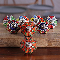 Ceramic knobs, 'Vibrant Utopia' (set of 8) - Set of 8 Floral Multicolour Ceramic Knobs from India