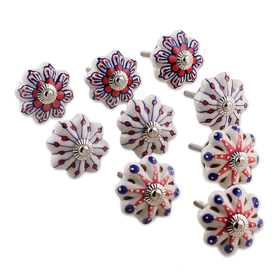 Ceramic knobs, 'Fantasy Spring' (set of 9) - Set of 9 Floral Blue and Red Ceramic Knobs from India