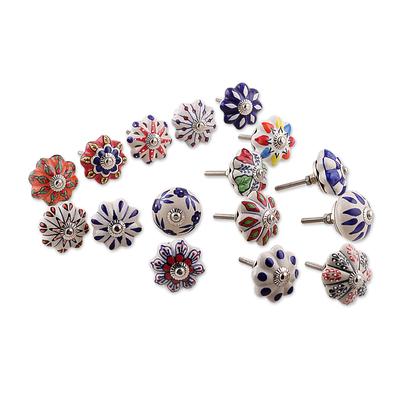 Ceramic knobs, 'Assorted Splendor' (set of 16) - Set of 16 Floral Patterned Multicolor Ceramic Knobs
