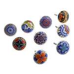 Ceramic knobs, 'Harmonious Beauty' (set of 9) - 9 Ceramic Knobs with Hand-Painted Floral and Leaf Motifs