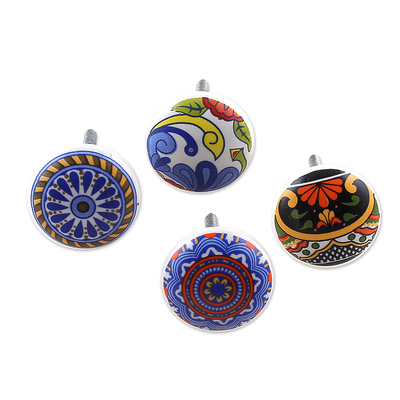 Ceramic knobs, 'Harmonious Beauty' (set of 9) - 9 Ceramic Knobs with Hand-Painted Floral and Leaf Motifs