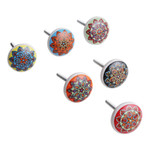 Ceramic knobs, 'Floral Dreams' (set of 6) - Set of 6 Hand-Painted Floral Mandala-Style Ceramic Knobs