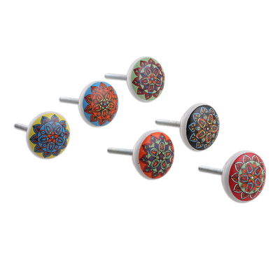 Ceramic knobs, 'Floral Dreams' (set of 6) - Set of 6 Hand-Painted Floral Mandala-Style Ceramic Knobs