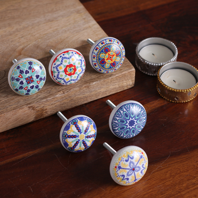 Ceramic knobs, 'Moroccan Fantasy' (set of 6) - Set of 6 Ceramic Knobs Hand-Painted in Moroccan Tile-Style