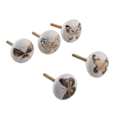 Ceramic knobs, 'Butterfly Magic' (set of 5) - Set of 5 Hand-Painted Ceramic Knobs with Butterfly Motifs
