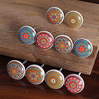 Ceramic knobs, 'Moroccan Style' (set of 10) - 10 Hand-Painted Ceramic Knobs with Moroccan-Style Designs