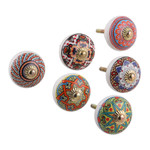 Ceramic knobs, 'Moroccan Delight' (set of 6) - 6 Hand-Painted Ceramic Knobs with Moroccan-Style Accents
