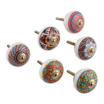 Ceramic knobs, 'Moroccan Delight' (set of 6) - 6 Hand-Painted Ceramic Knobs with Moroccan-Style Accents