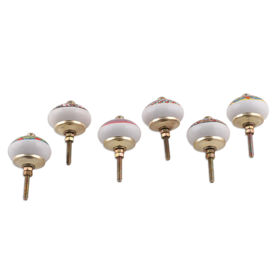 Ceramic knobs, 'Moroccan Delight' (set of 6) - 6 Hand-Painted Ceramic Knobs with Moroccan-Style Accents
