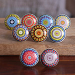 Ceramic knobs, 'Moroccan Glory' (set of 9) - 9 Hand-Painted Ceramic Knobs with Moroccan-Style Motifs