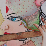 'Celestial Flute' - Signed Green and Blue Watercolour and Acrylic Painting