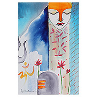 „Shiva Power“ – expressionistische hinduistische blaue Aquarell- und Acrylmalerei