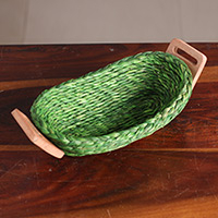 Natural fiber basket, 'Harmonious Essentials' - Handwoven Green Sabai Grass Fiber Basket with Wood Handles