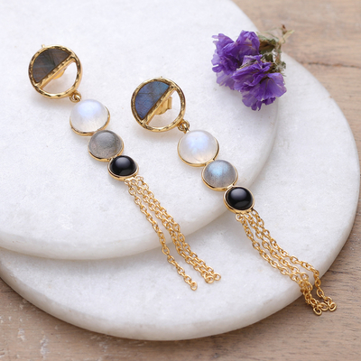 Gold-plated multi-gemstone dangle earrings, 'Jewel Statement' - 18k Gold-Plated Multi-Gemstone Statement Dangle Earrings