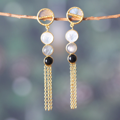 Gold-plated multi-gemstone dangle earrings, 'Jewel Statement' - 18k Gold-Plated Multi-Gemstone Statement Dangle Earrings