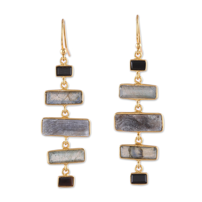 Gold-plated labradorite and onyx dangle earrings, 'Steps to Light' - Gold-Plated 4-Carat Labradorite and Onyx Dangle Earrings