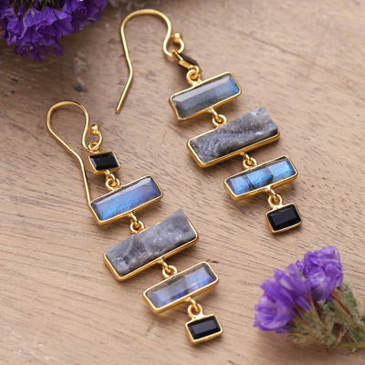 Gold-plated labradorite and onyx dangle earrings, 'Steps to Light' - Gold-Plated 4-Carat Labradorite and Onyx Dangle Earrings