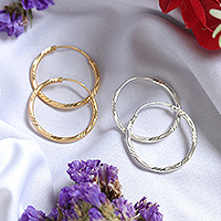 Gold-plated and sterling silver hoop earrings, 'Sparkling Hoops' (set of 2)