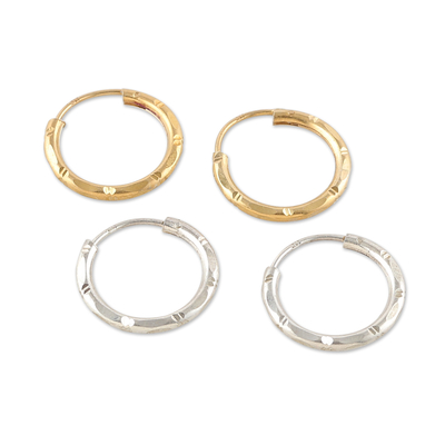 Gold-plated and sterling silver hoop earrings, 'Sparkling Hoops' (set of 2) - Set of 2 Classic Gold-Plated and Sterling Silver Earrings