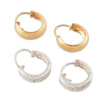 Gold-plated and sterling silver hoop earrings, 'Everyday' (set of 2) - Set of 2 Textured Gold-Plated and Sterling Silver Earrings