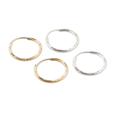 Gold-plated and sterling silver hoop earrings, 'Shimmering Hoops' (set of 2) - Set of 2 22k Gold-Plated and Sterling Silver Earrings