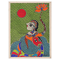 Pintura Madhubani, 'Sirena bailando' - Pintura Madhubani de sirena sobre papel hecho a mano de la India