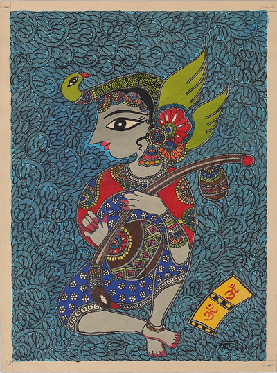 Madhubani-Gemälde, 'Glorreiche Saraswati' - Madhubani-Volkskunst-Gemälde der Hindu-Göttin Saraswati
