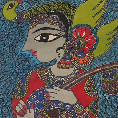 Madhubani painting, 'Glorious Saraswati' - Madhubani Folk Art Painting of Hindu Goddess Saraswati