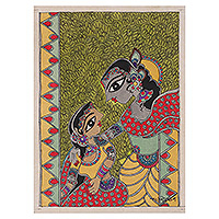 Pintura Madhubani, 'Radha y Krishna Amor Divino' - Pintura Madhubani de las deidades hindúes Krishna y Radha