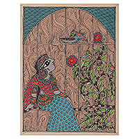 Pintura Madhubani, 'Esperando al Rey' - Pintura Madhubani de la reina india con árboles y pájaros