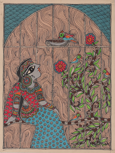 Madhubani-Gemälde, 'Warten auf den König' - Madhubani-Malerei einer indischen Königin mit Baum und Vögeln