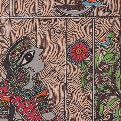 Madhubani-Gemälde, 'Warten auf den König' - Madhubani-Malerei einer indischen Königin mit Baum und Vögeln