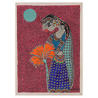 Madhubani painting, 'Happy Princess' - Madhubani Painting of Indian Princess with Exotic Flower