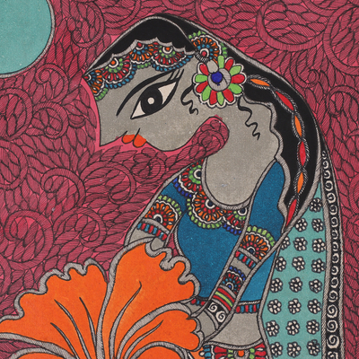 Madhubani-Gemälde, 'Glückliche Prinzessin' - Madhubani-Gemälde einer indischen Prinzessin mit exotischer Blume